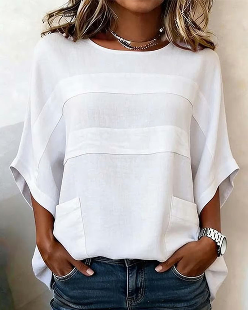 100% Cotton Batwing Sleeve Loose Fit Crewneck Blouse