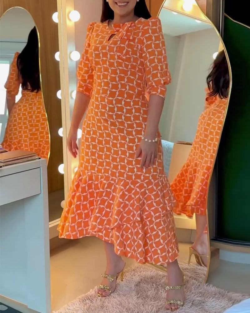 Half Sleeve Round Neck Waist Print Dress