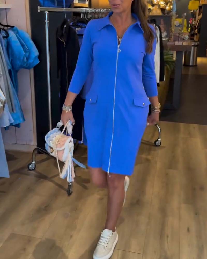 Lapel Solid Color Zipper Long Sleeve Dress