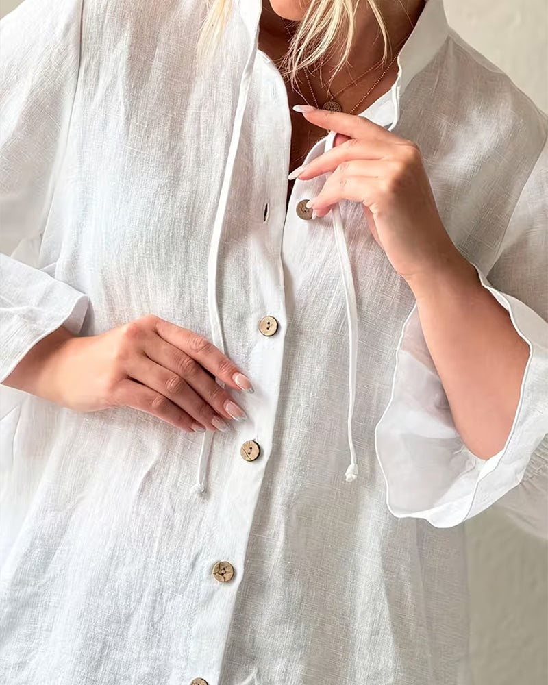 Solid Color Tie-Front Ruffle Sleeve Shirt