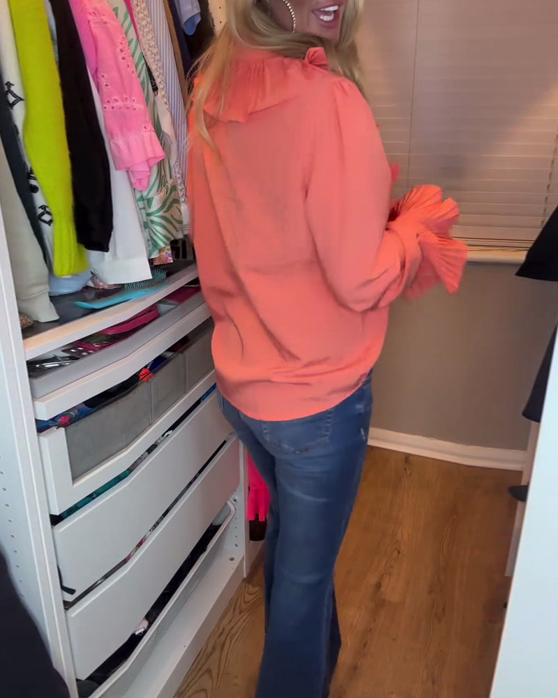 Patchwork ruffle solid color long-sleeve top