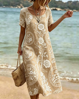 Crew Neck Floral Bird Print Dress