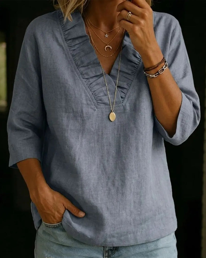 100% Cotton Ruffle V-Neck Three-Quarter Sleeve Blouse