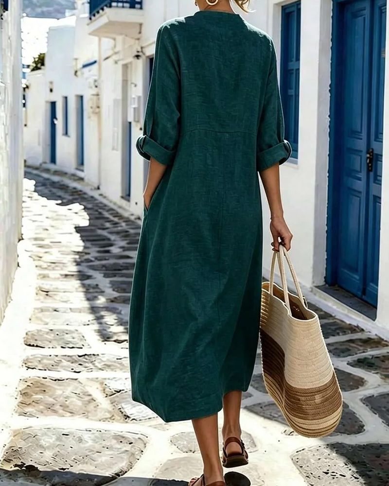 Round Neck Button Pocket Solid Dress