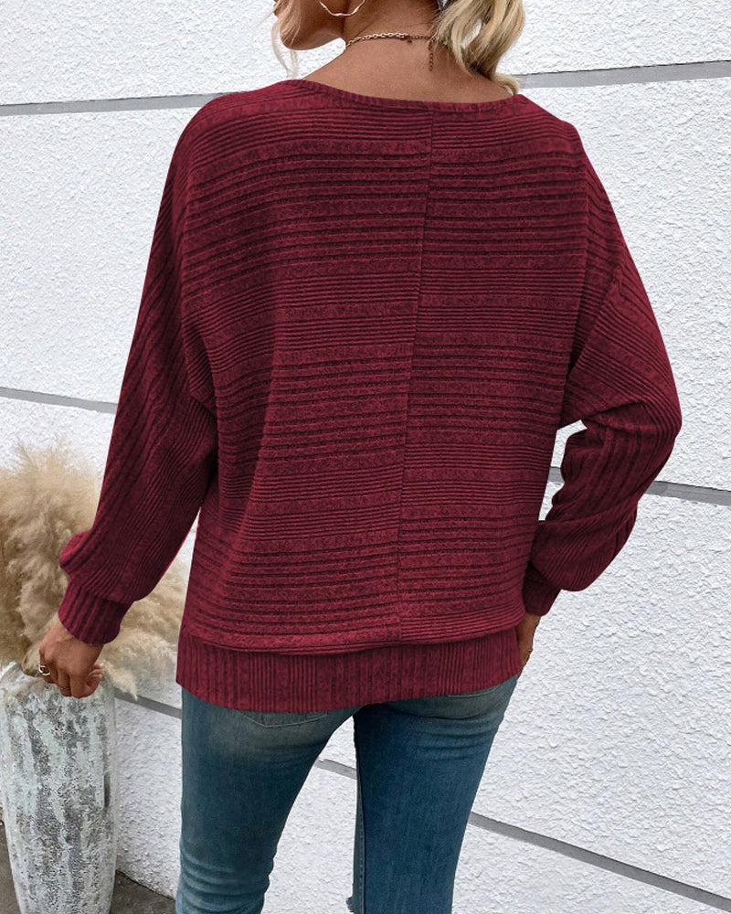 Solid Color Round Neck Long Sleeve Striped Top