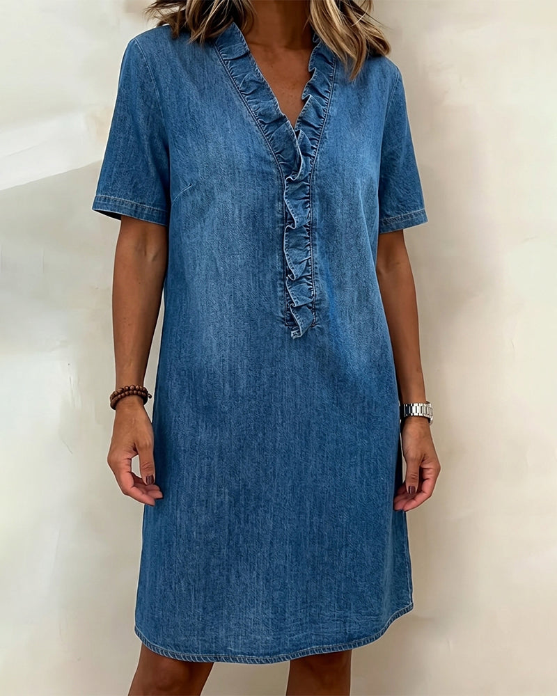 Denim Ruffle V-neck Dress