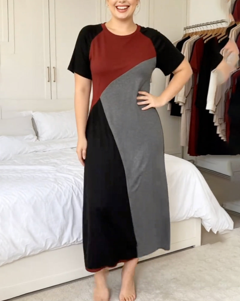 Patchwork Raglan Round Neck Dress