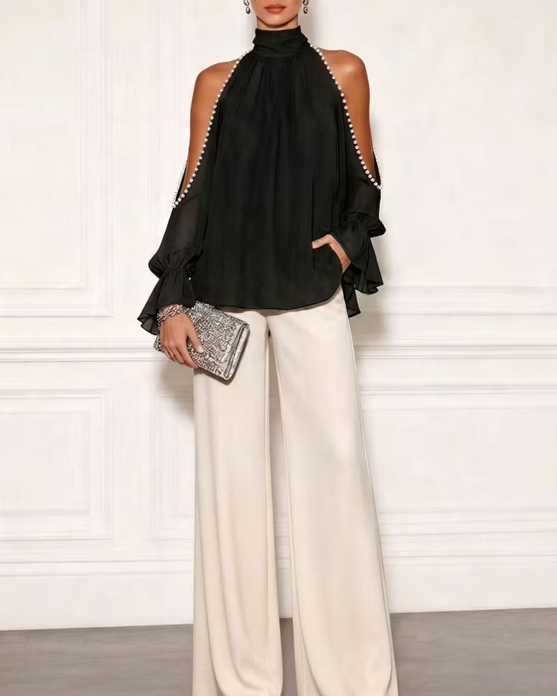 Turtleneck Off-Shoulder Ruffle Blouse