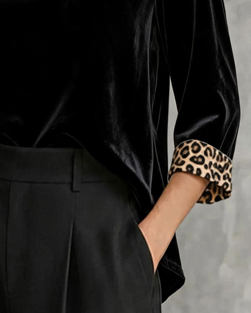 Leopard Trim Mock Neck Velvet Top