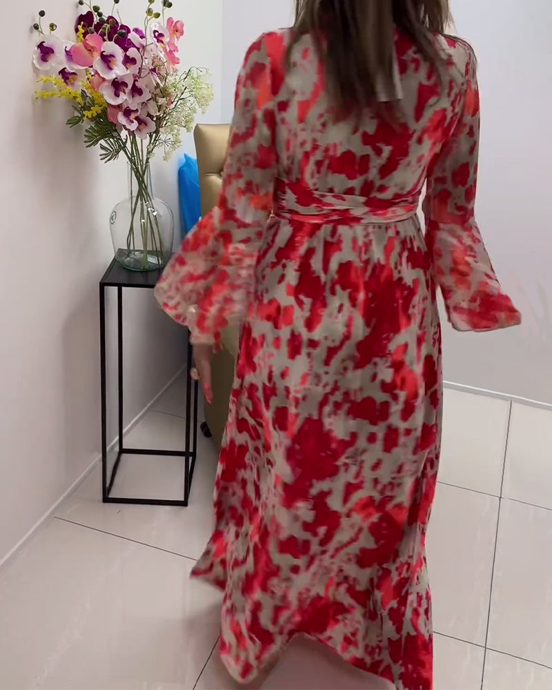 Fashionable printed deep V knitted bell sleeve dress