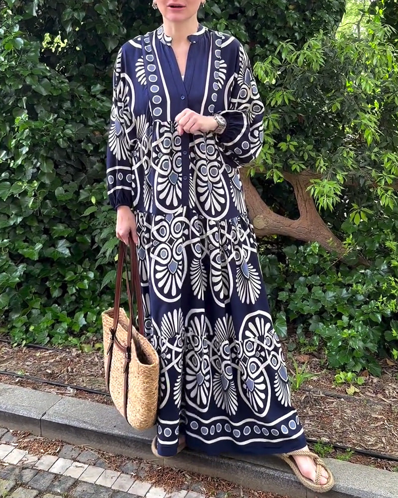 Retro print casual long sleeve dress