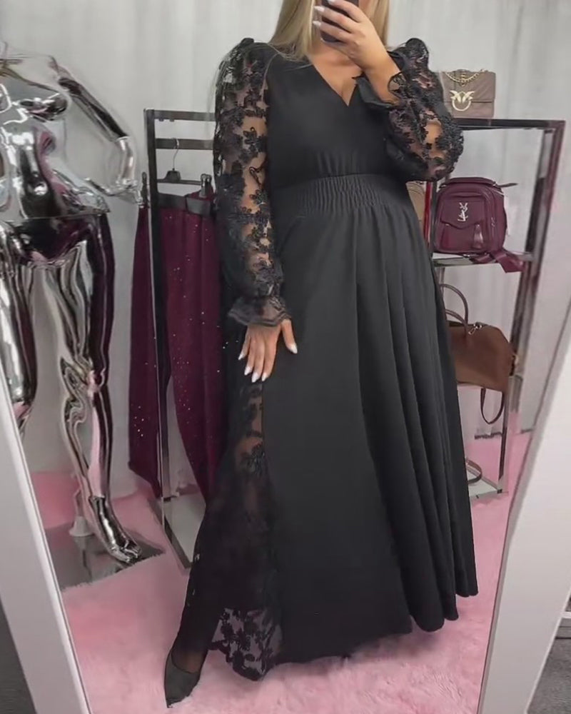 Lace Stitching V-Neck A Hem Dress