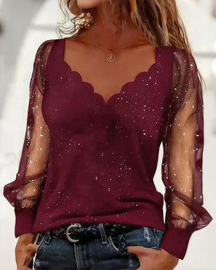 V-Neck Mesh Patchwork Top