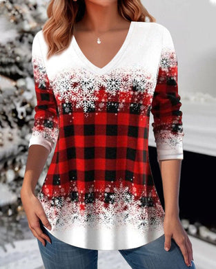 Christmas plaid print v-neck top