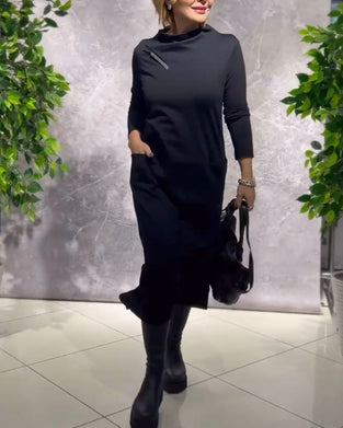 Solid Color Crew Neck Pocket Dress