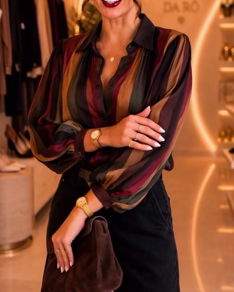 Retro Stripe Puff Sleeve Blouse