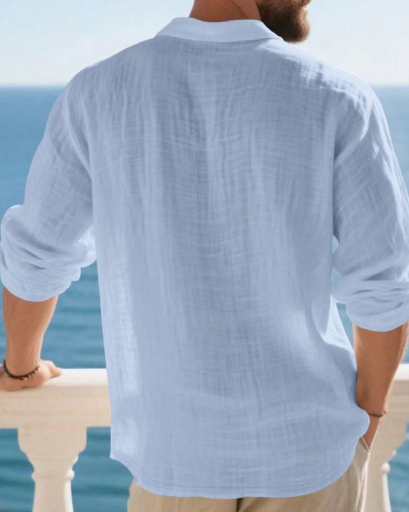 Men's Lightweight Loose Linen Long Sleeve Polo Shirt