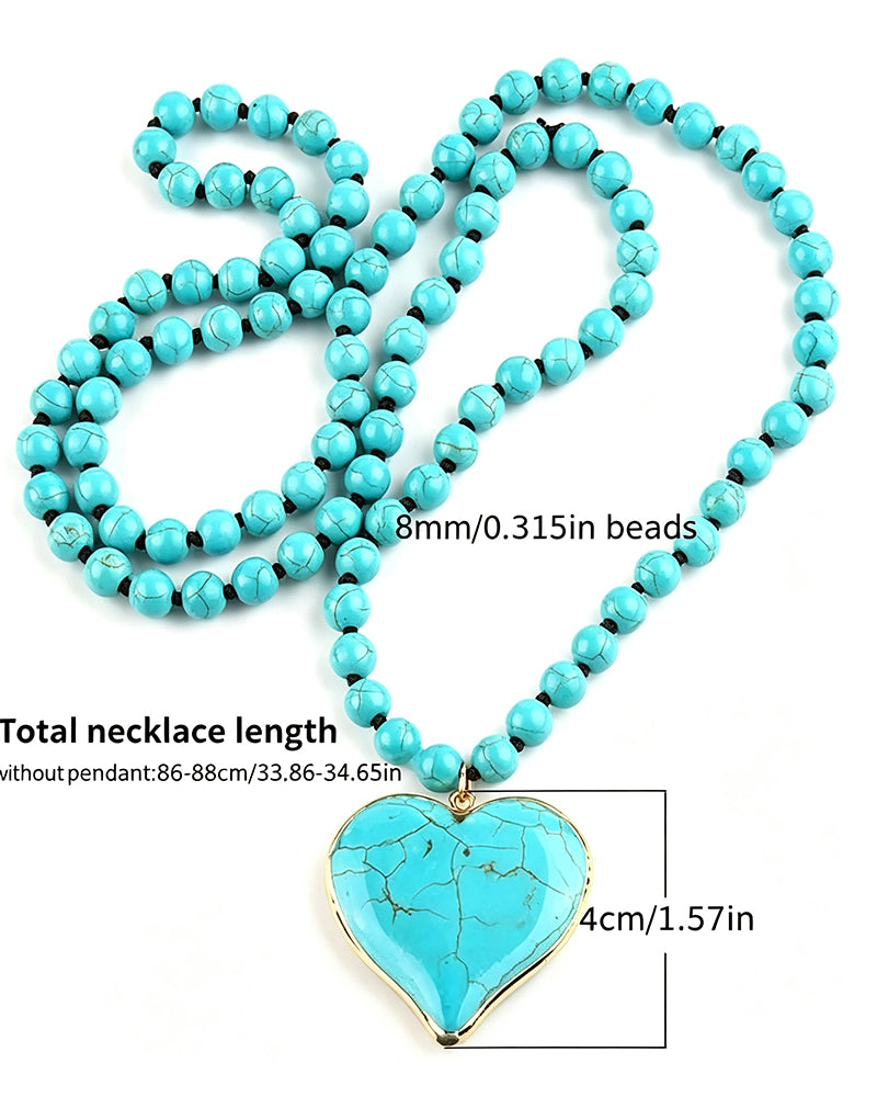 Women's Boho Vintage Turquoise Heart Beaded Pendant Necklace