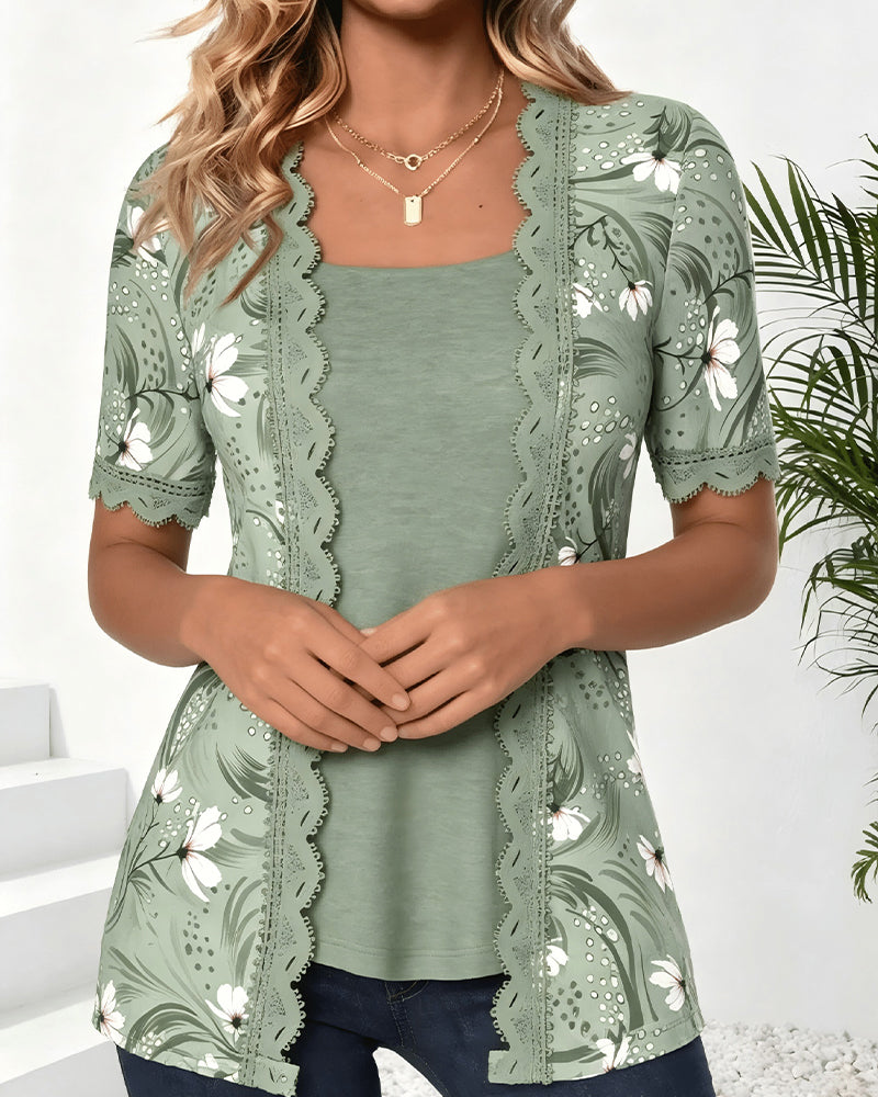 Faux Layered Wave Ruffle Print T-Shirt