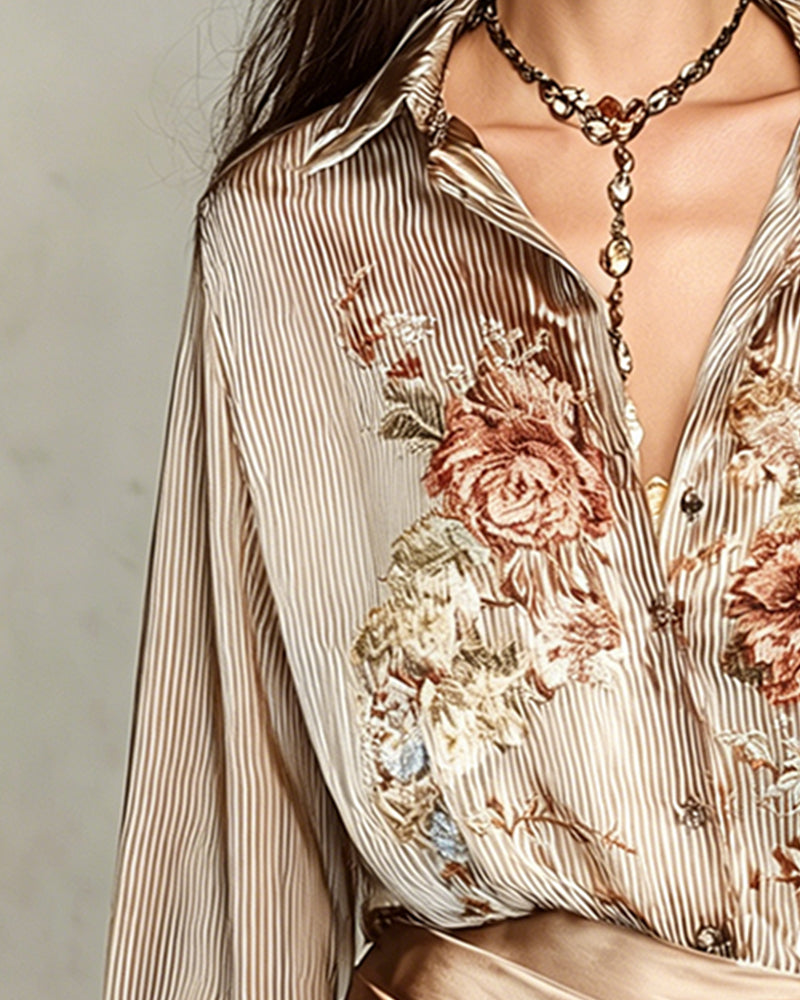 Lapel Floral Stripe Blouse