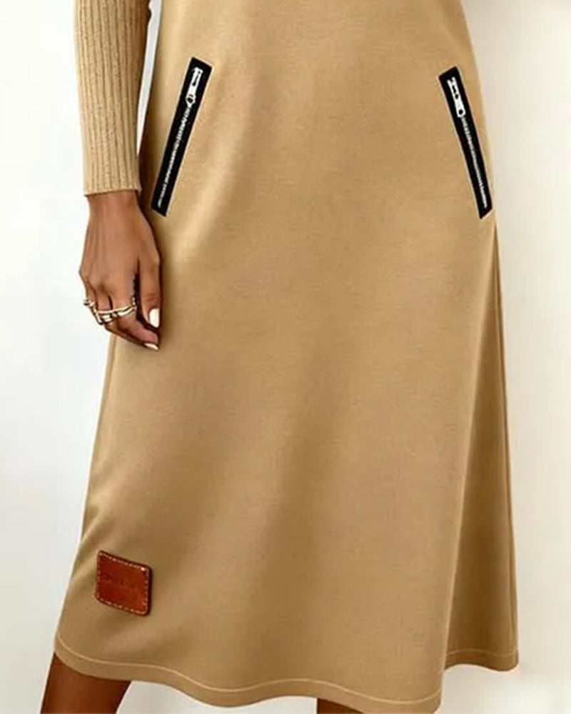 Lapel Zippered Solid A-Line Dress