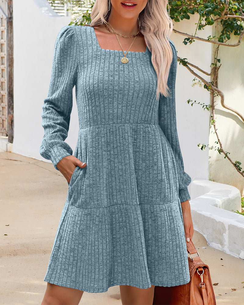 🍂2025 Autumn New Style⏰Women's Square Neck Lantern Sleeve Ribbed Dress