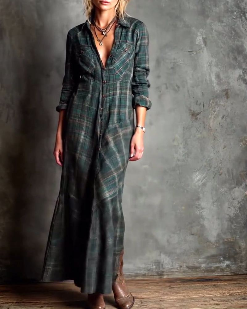 Fashionable Lapel Plaid Dress