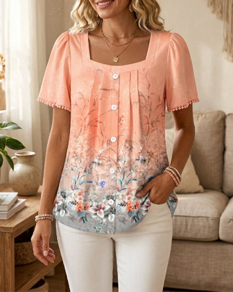 Square Neck Ruched Print Fringe Blouse