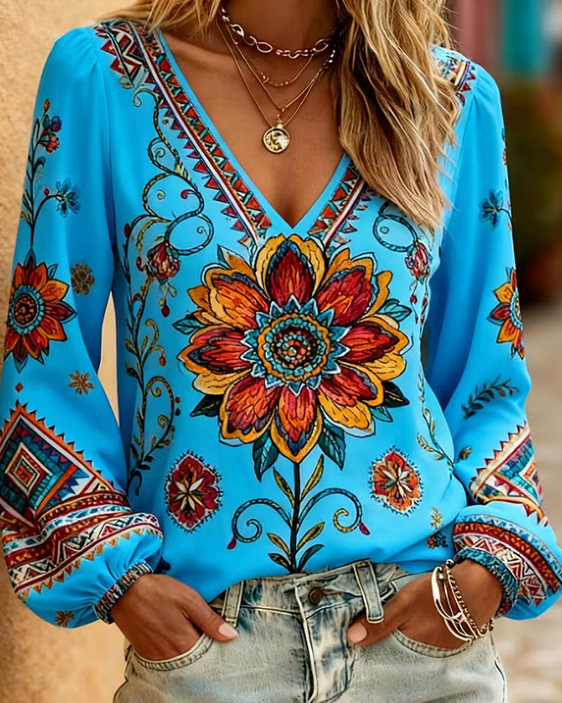 Lantern Sleeve Bohemian V-Neck Blouse