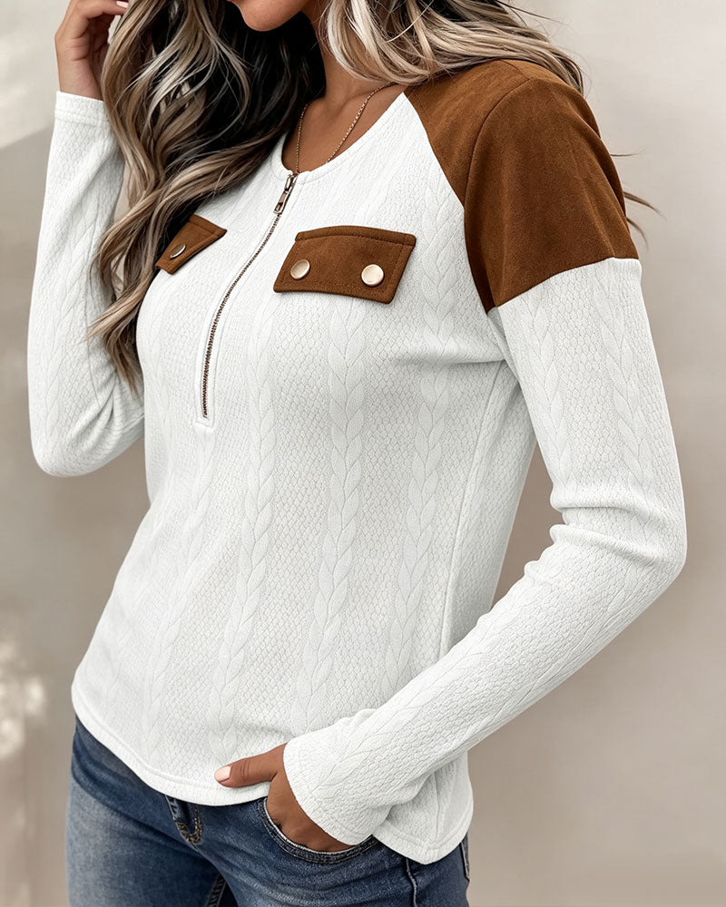 Crew Neck Zip Color-Block Top