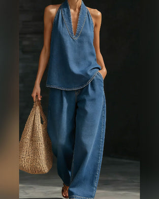 Fashion Halter Neck Denim Set