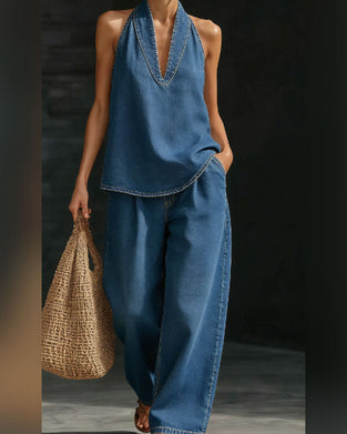 Fashion Halter Neck Denim Set