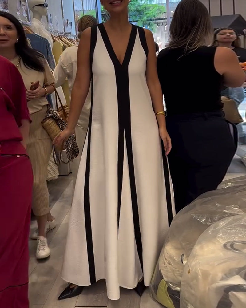 V-Neck Sleeveless Colorblock Loose Dress