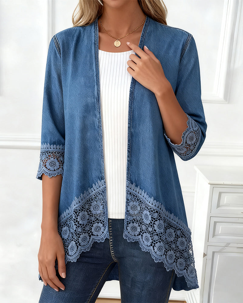 Lace Crochet Denim Patchwork Coat