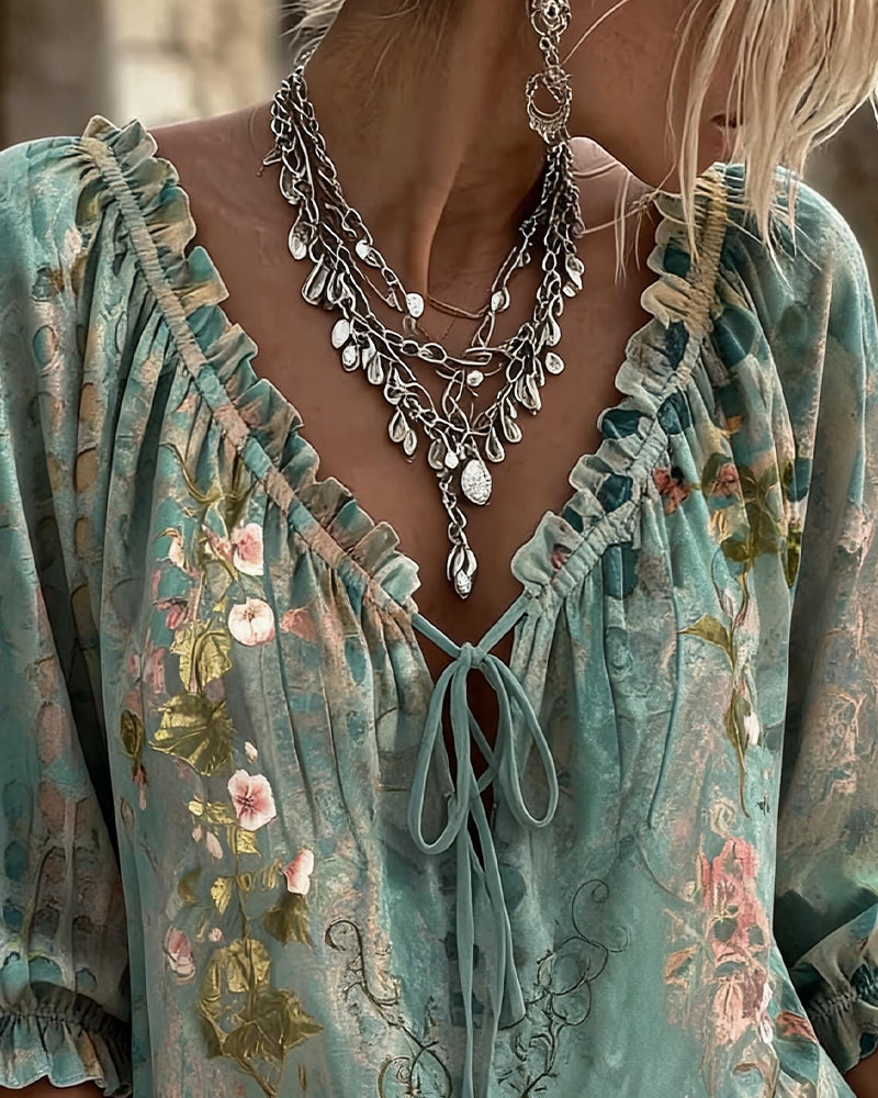 Floral Print Drawstring Three-Quarter Sleeve Blouse