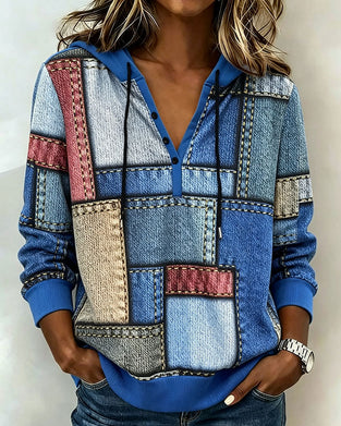 V-Neck Color-Block Button Hoodie