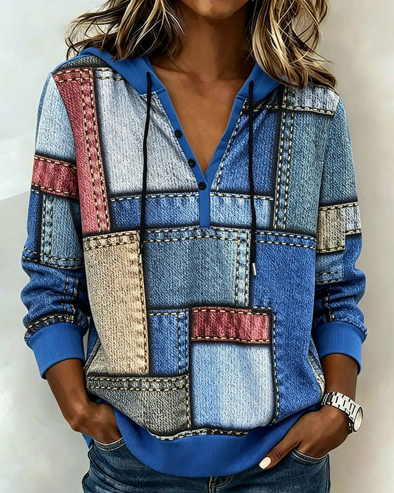 V-Neck Color-Block Button Hoodie