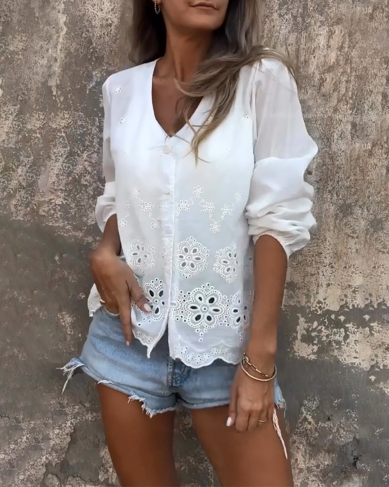 V-neck Buttoned Lace Hollow-out Blouse