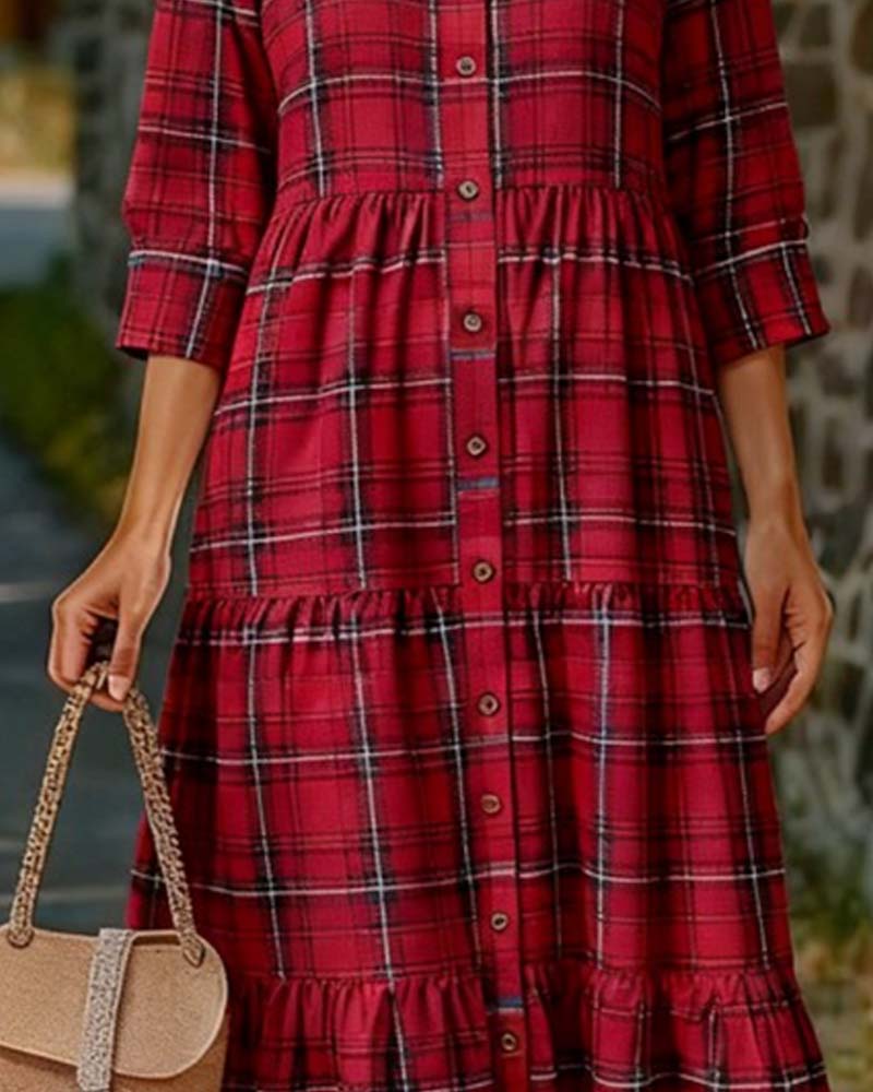 Plaid Seven-Quarter Sleeve Tiered Dress