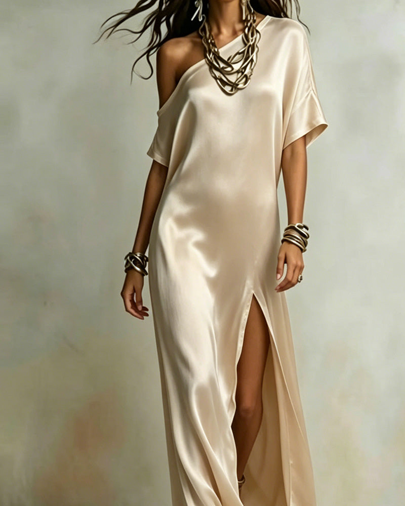 Satin One-Shoulder Slit Maxi Dress