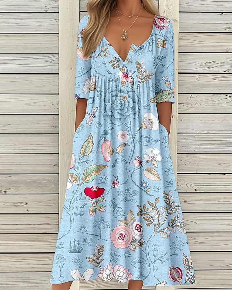 Half-Sleeve Printed Pleated A-Line Dress