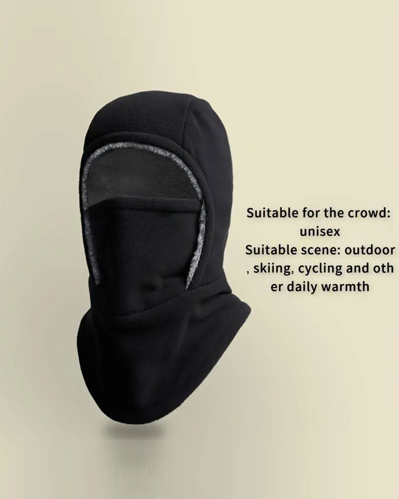 Winter 2 In 1 Hat And Face Mask Windproof Thick Fleece Lining For Outdoor Sports Black