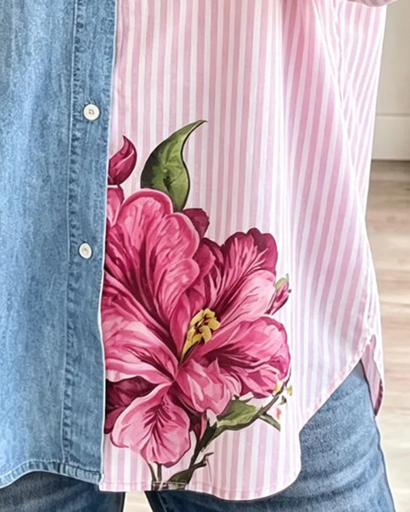 Floral Stripe Denim Patchwork Shirt