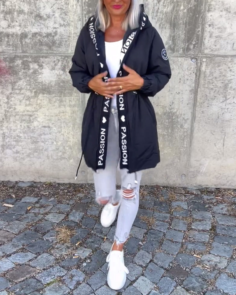 Casual letter print drawstring hooded coat