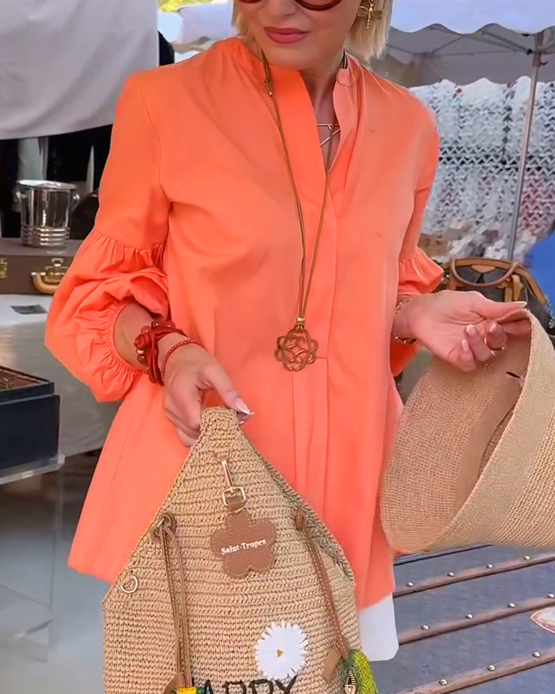 Solid Color V-Neck Lantern Sleeves Blouse