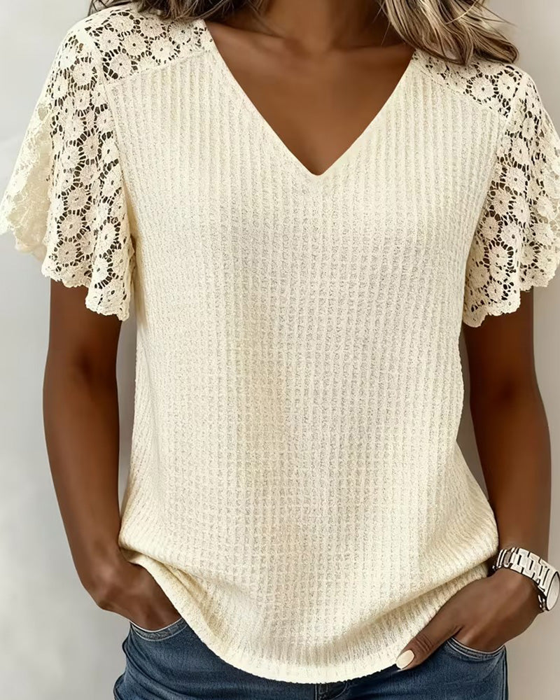 V-Neck Waffle Lace Patchwork Solid T-Shirt