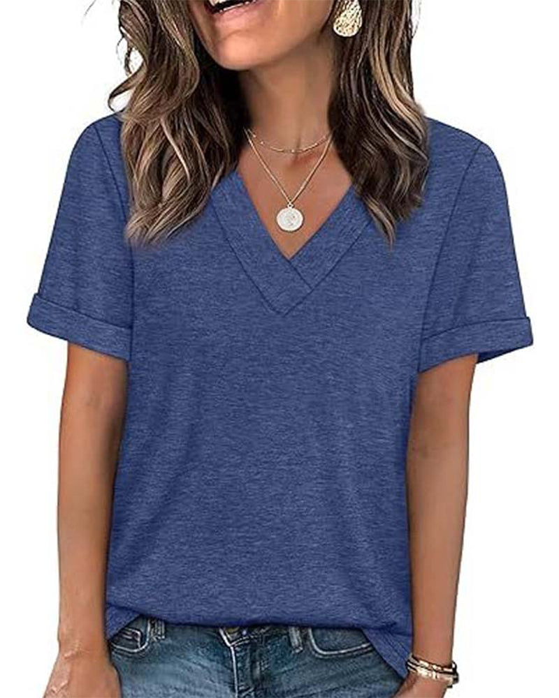 Solid V-Neck Casual Short Sleeve T-Shirt
