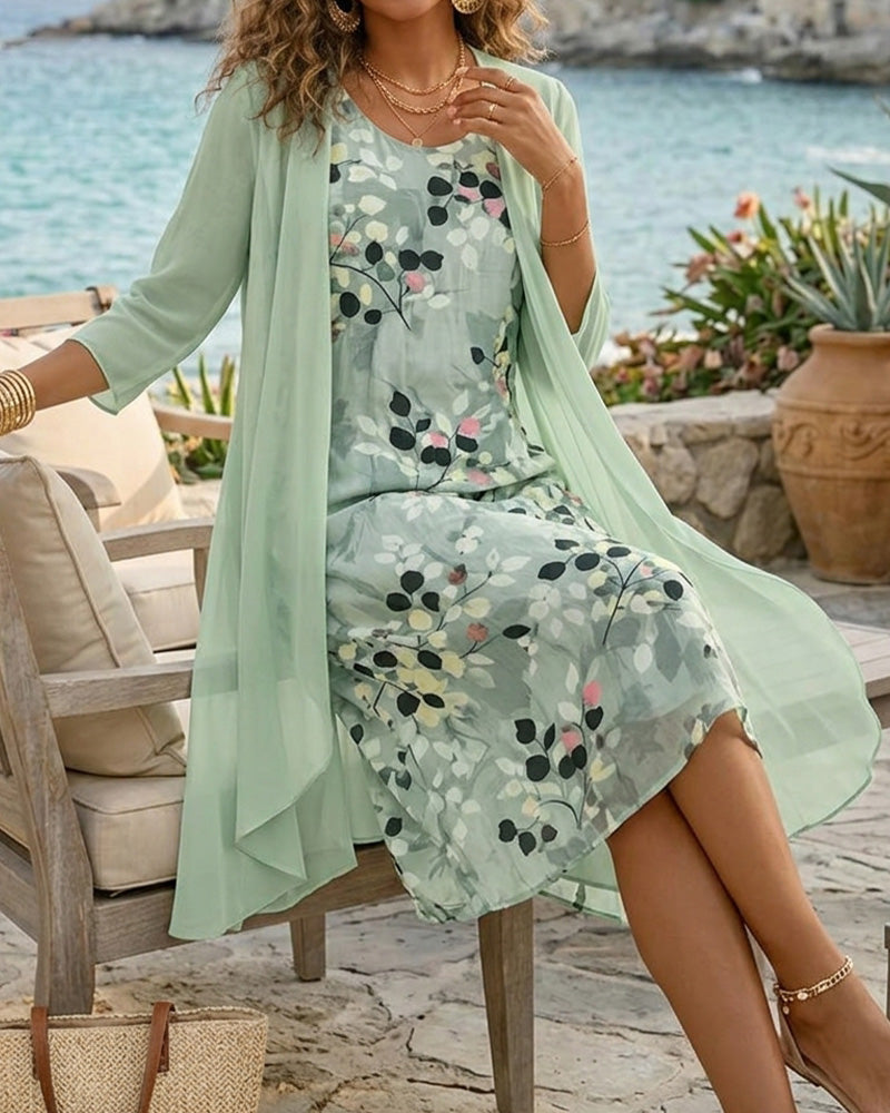 Ink Green Leaf Sleeveless Dress Cover Up Set