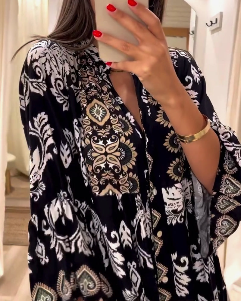 Vintage printed pleated loose dress