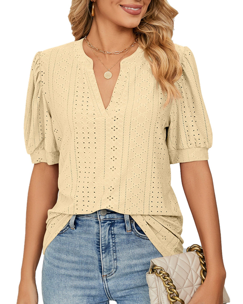 V-Neck Solid Color Hollow-Out Puff Sleeve Blouses